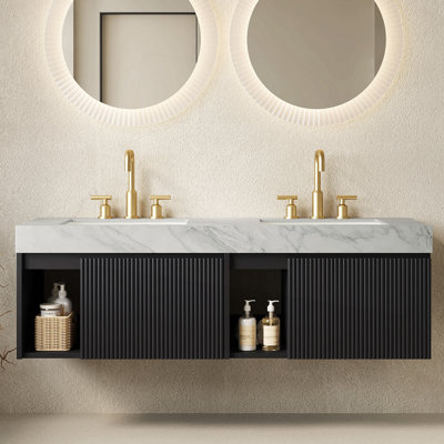 Meuble-lavabo suspendu de 152 cm (60 po) avec lavabo, comptoir en pierre frittée couleur crème veinée or et 2 lavabos en céramique avec 3 trous prépercés pour robinetterie. Livré démonté, sans robinet ni bonde.