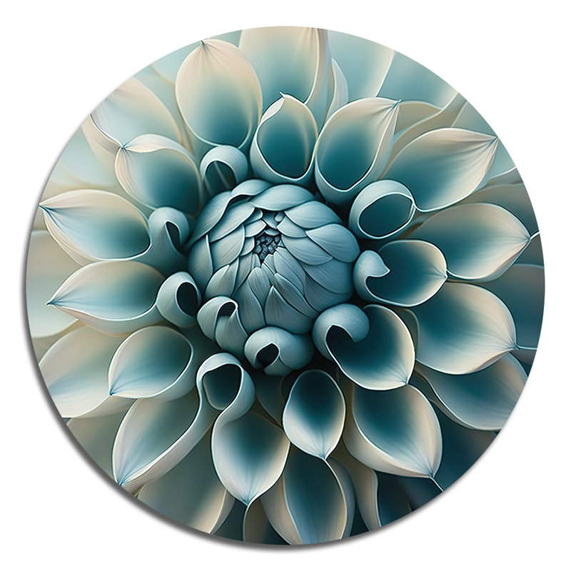 Bleu, fleurs de dahlia blanches I - art floral rond en métal, H 29 po x l 29 po