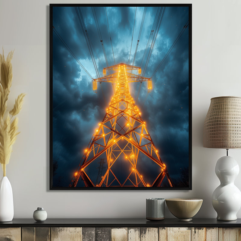 Jaune et bleu, tours électriques - art mural lignes électriques, Cadre flottant noir, H 44 po x l 34 po x P 1,5 po
