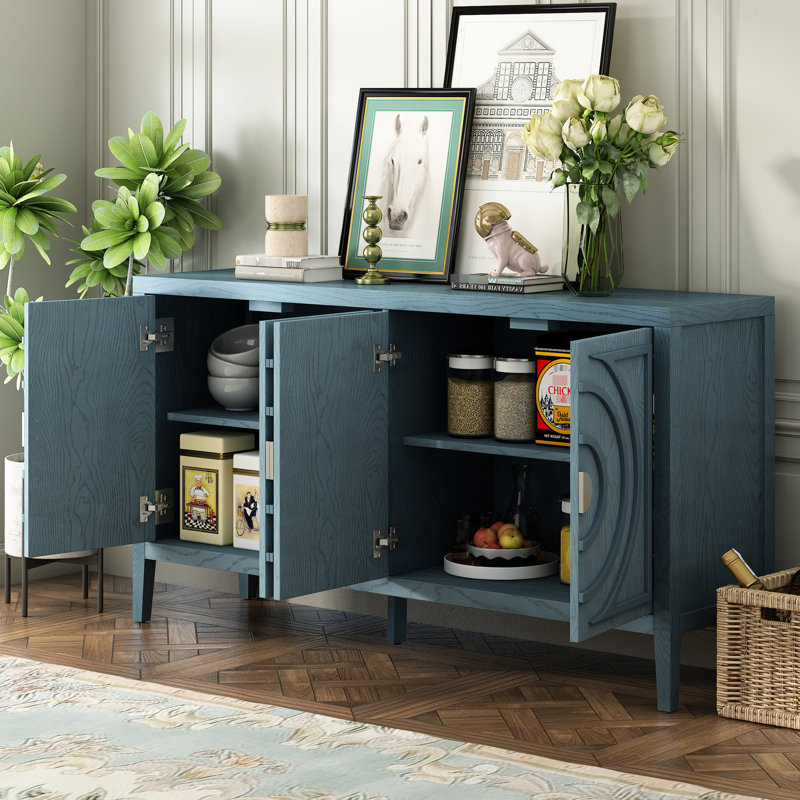 Buffet rétro à 4 portes, bleu antique - armoire pour verrerie, placard de rangement de style campagnard, mobilier d'entrée, poignée ronde en métal pour le salon
