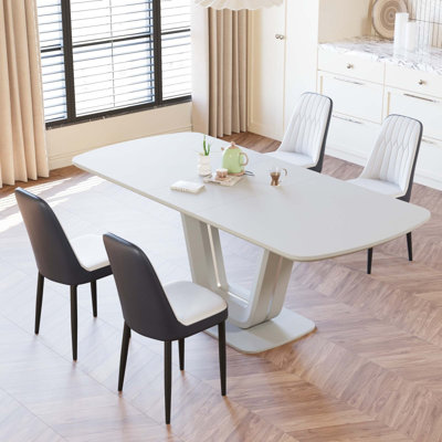 Ensemble de table de salle à manger extensible de 62,99 à 78,74 po pour 2 à 8 personnes, équipé de 4 chaises de salle à manger rembourrées en tissu polyuréthane épais et d'une table de salle à manger spacieuse, d'une table de cuisine et de chaises, avec pieds de table en forme de U