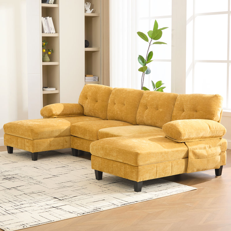 103.5"W 4-Piece Upholstered Sectional, Yellow Chenille