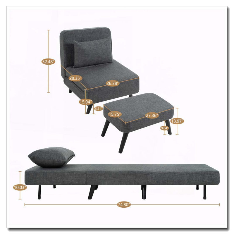 Chaise longue convertible avec dossier, repose-pieds et coussin réglables, Gris
