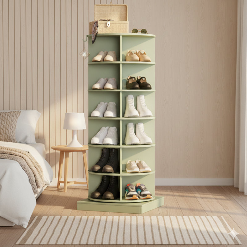 Carrousel de rangement de chaussures pivotant à 360 degrés en vert avec six niveaux, Vert