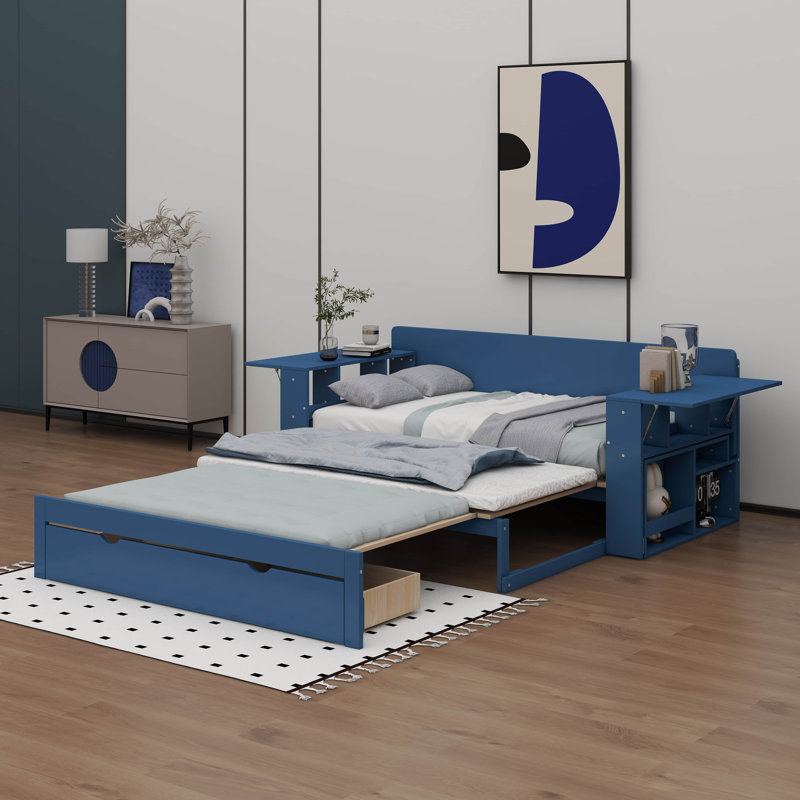 Queen Size Daybed With Removable Desk, Storage Drawers And Hydraulic Side Table, Blue, Queen