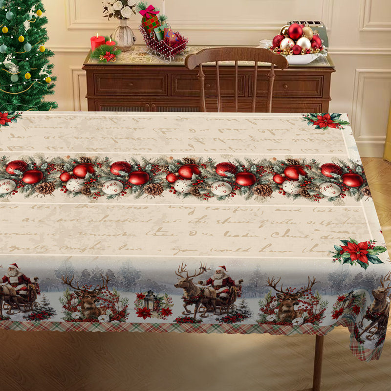 1pc round/rectangular polyester tablecloth, Christmas tablecloth with pine, snowman, truck, embosed edge, Christmas decorations for dining table, festival party holiday table decoration, perfect festival gift