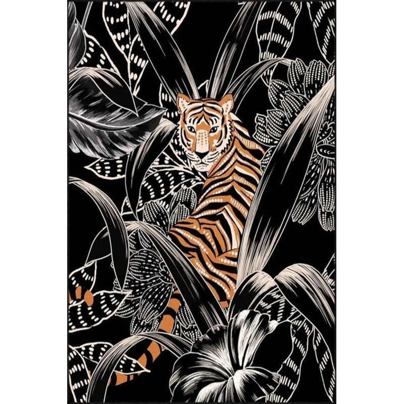 Black Colored Floral Animal Tiger Woven Base Washable Carpet, Rectangle 3'4" x 5'