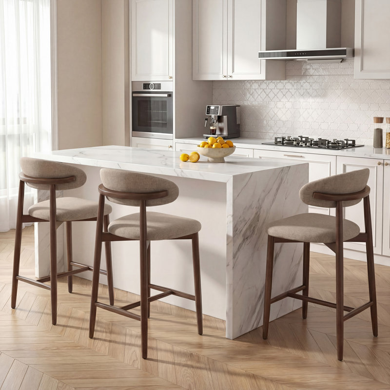 Upholstered Counter Height Bar Stool with Solid Wood legs, Camel, 3