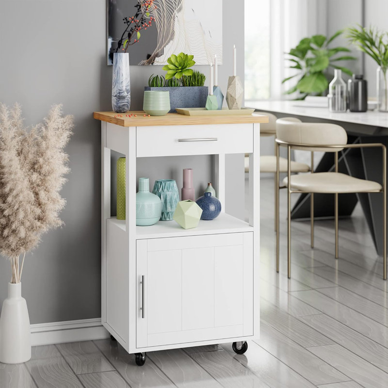 Rolling Kitchen Island With Single Door Cabinet, Kitchen Cart On Swivel Wheels, Coffee Cart Microwave Stand For Dining Room
