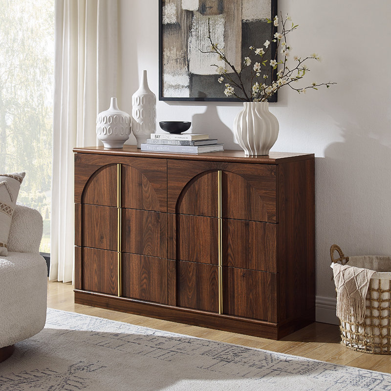 Modern 6 Drawer Dresser, Wood Wide Chest Of Drawers With Arched Style, Brown, Brown