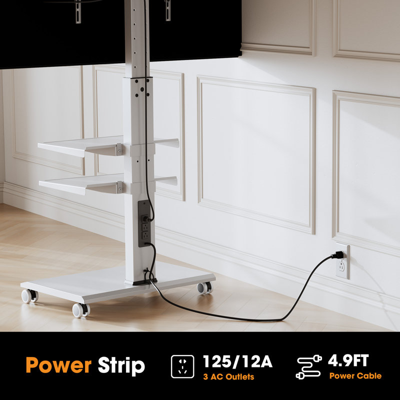 Adrista Rolling TV Stand with Wheels For 32-70 Inch TVs, with Power Outlet and Two Shelf TV Console ,Hold Up To 88 Lbs, White