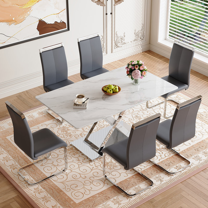 Glass Dining Table Set For 6, Grey/Silver, 7