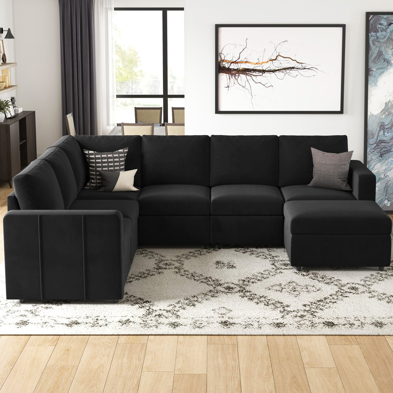 Canapé de coin convertible en forme de L en chenille 8 pièces Seybert, Velours noir