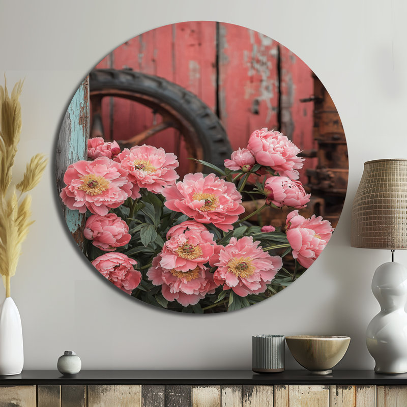 Leiarna - reproduction d'art traditionnelle rose en métal, pivoines rondes, art mural en métal, H 16 po x l 16 po