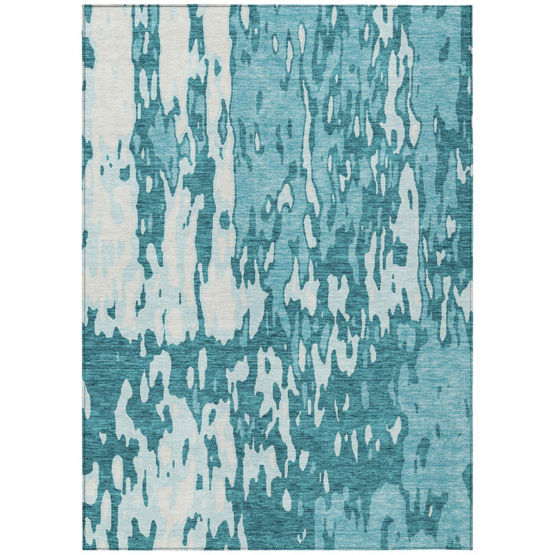 Tapis d'extérieur lavable abstrait bleu sarcelle et ivoire 10 pi x 14 pi