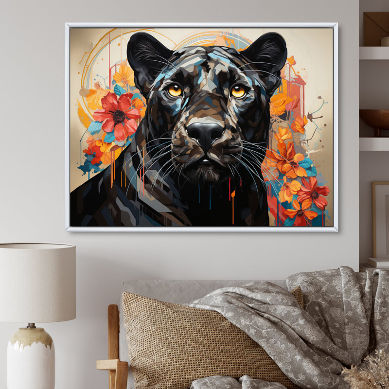 Panther Elusive Panther Geometric - Animals Canvas Art Print, H 34 po x l 44 po, Cadre flottant blanc