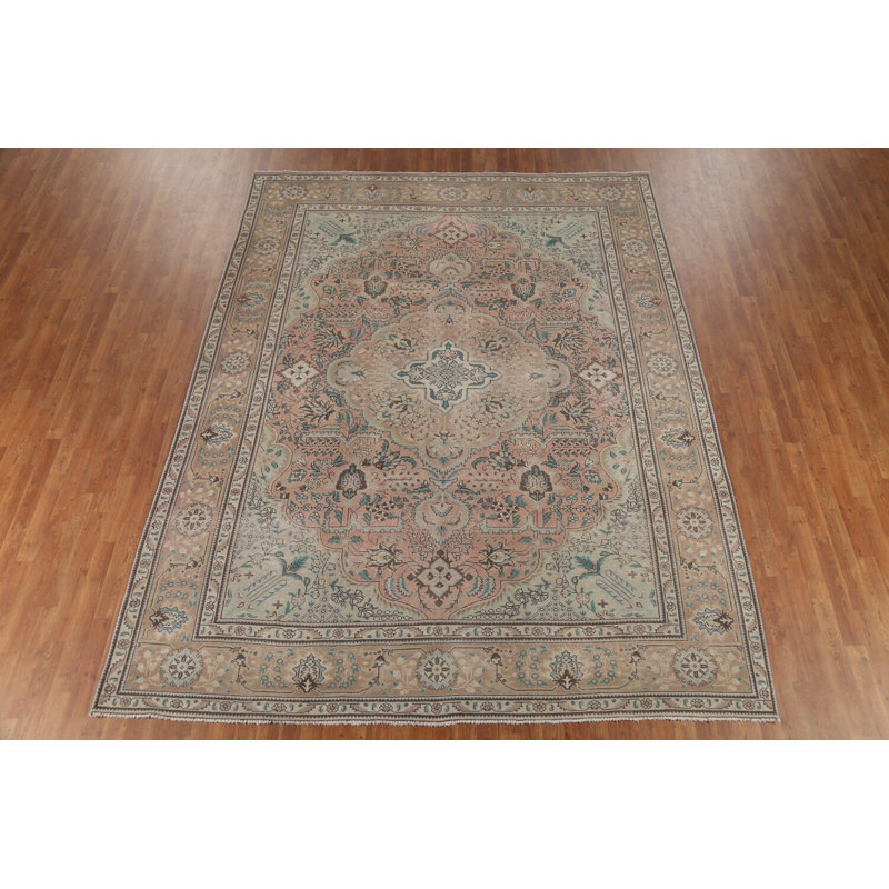 Tapis traditionnel rose en laine à motif géométrique 9 x 11
