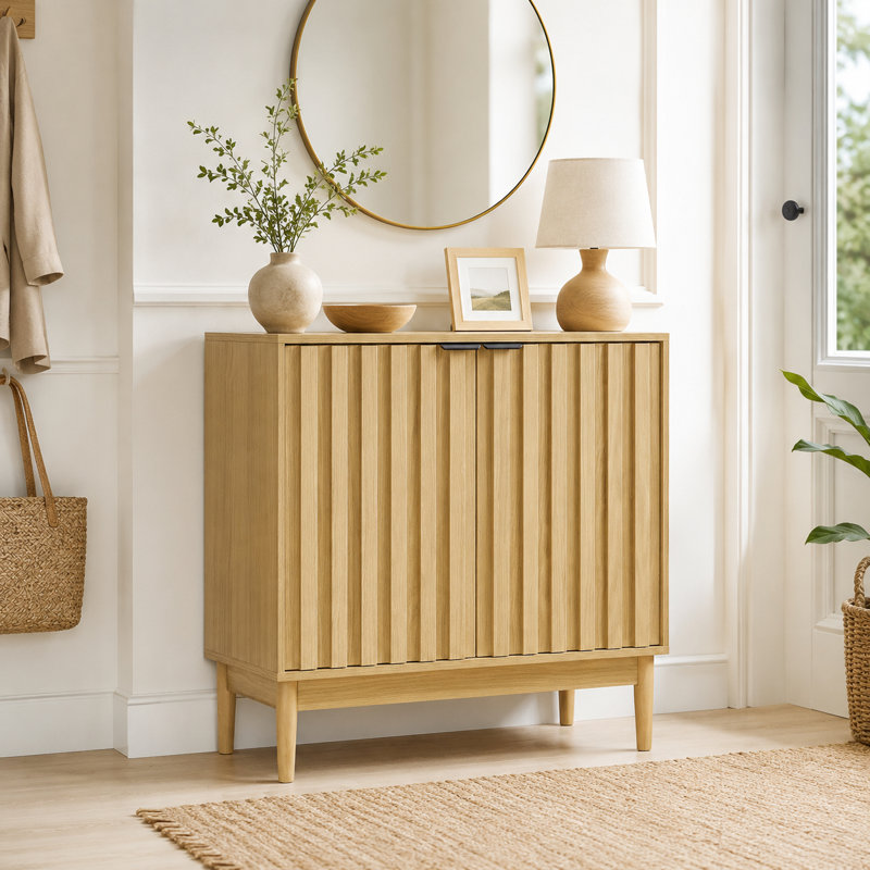 31.5" Fluted 2-Door Accent Storage Cabinet with Adjustable Shelf, Oak Finish, Oak Wood, Satin Black