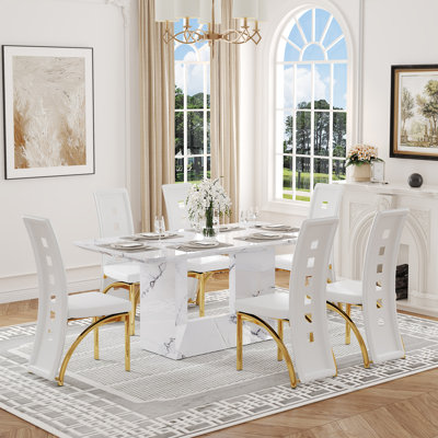 63'' Faux Marble Dining Table Set with Faux Leather Chairs, Set for 4 or 6 