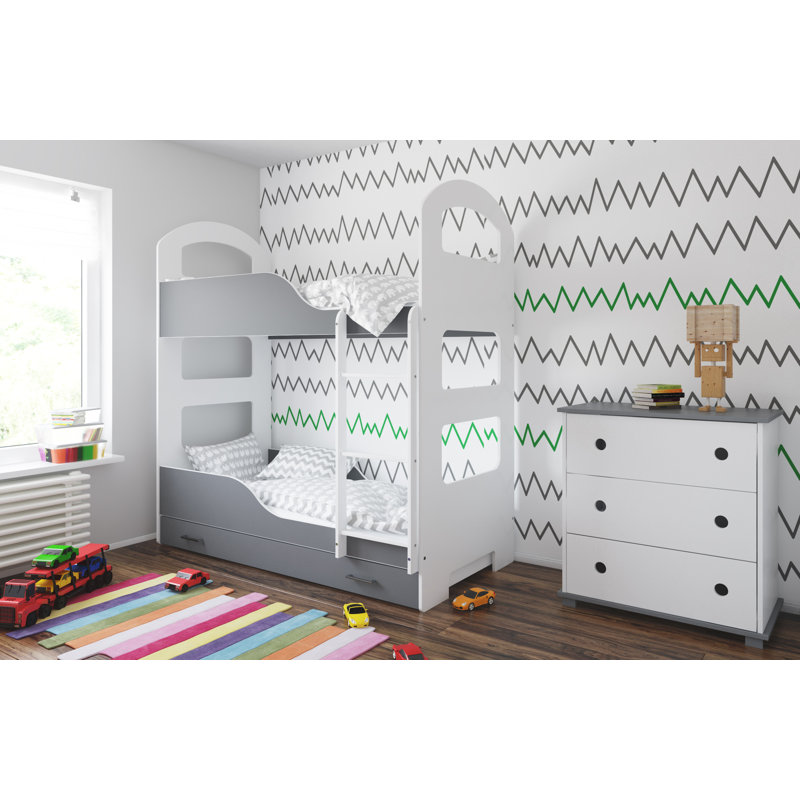 Spady Bunk Bed with Built-in Ladder Included, With Drawer, 80 x 180 cm, Grey