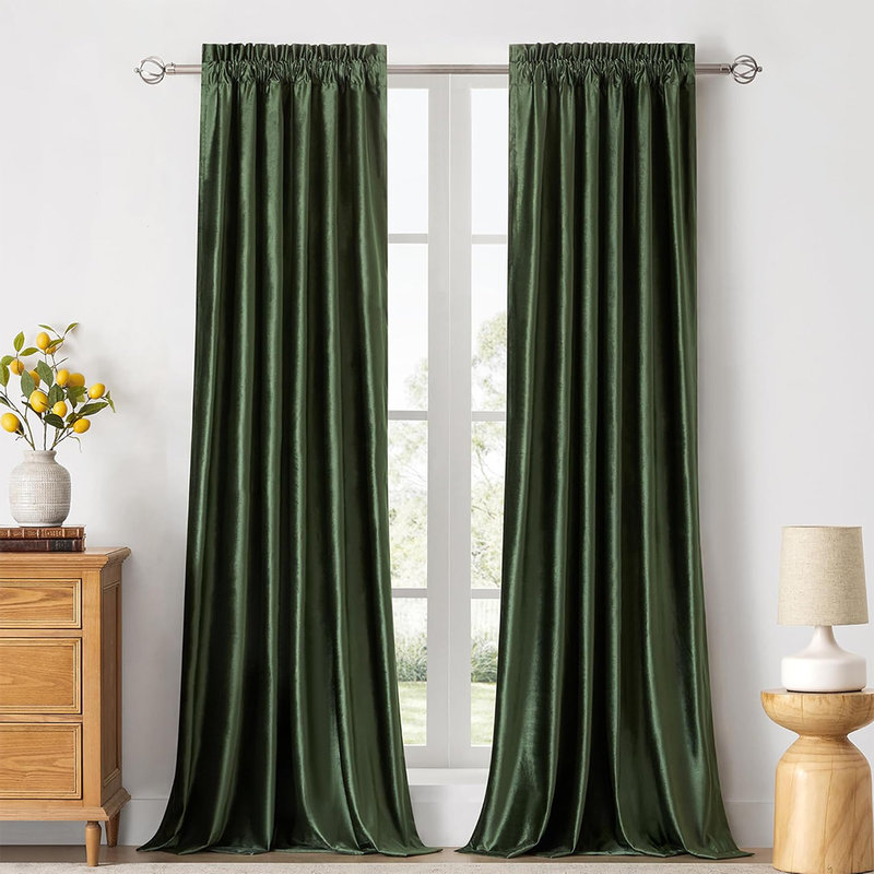 Olive Green Velvet Blackout Curtains with Rod Pocket and Back Tab, 96"L x 52"W