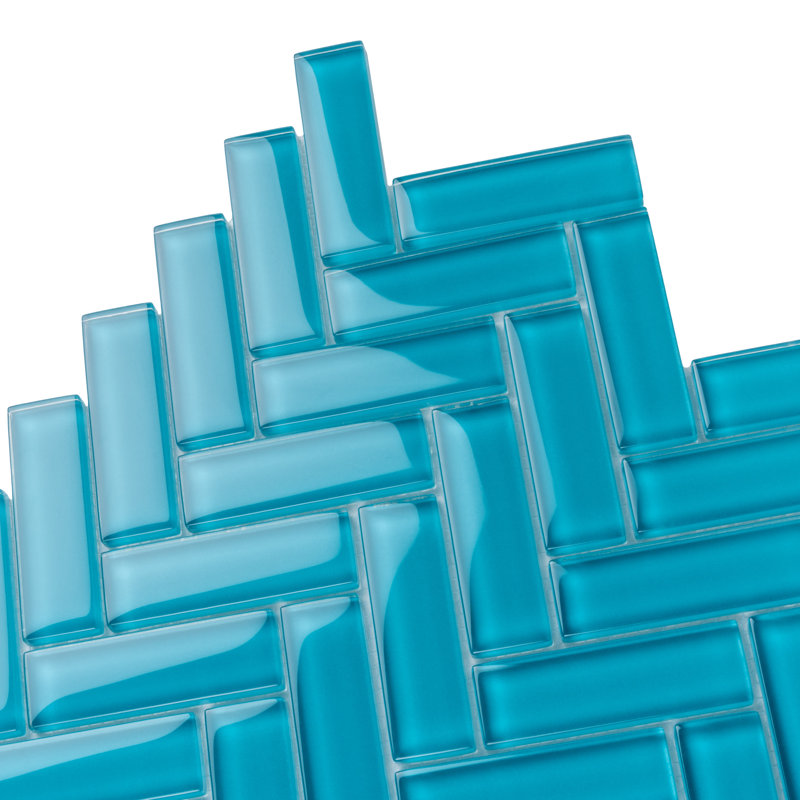 11"X 12.6" Herringbone Polished Glass Mosaic Tile, Sea Blue