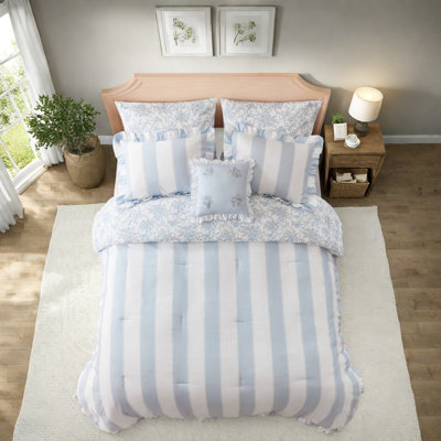 Piece Full Queen Bedding Sets, Blue Microfiber Ruffle Set for Romantic Bedrooms