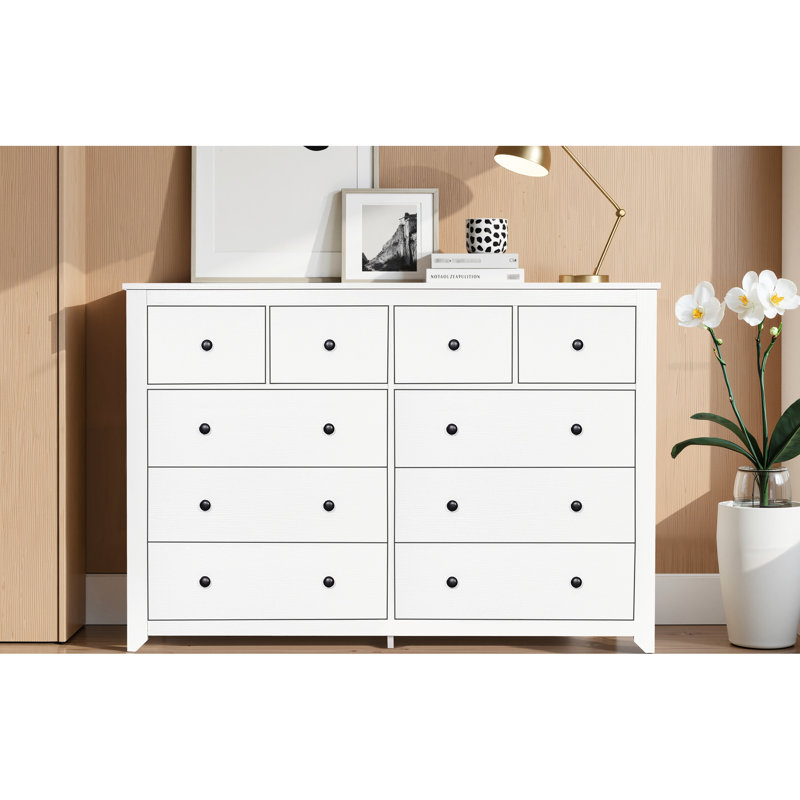 Commode à 9 tiroirs, blanc antique, style contemporain, construction, conception américaine à mouvement fluide, poignées dorées, bois d'ingénierie, assemblage facile, coffre-fort