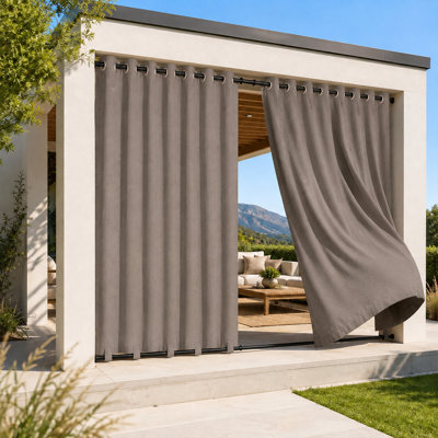Extra Wide Faux Linen Outdoor Blackout Curtain Panel Waterproof and Windproof Thermal Drapery with Stainless Steel Grommets and Bottom Back Tabs, 1 Panel