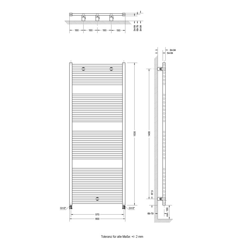Wall-mounted bathroom radiator