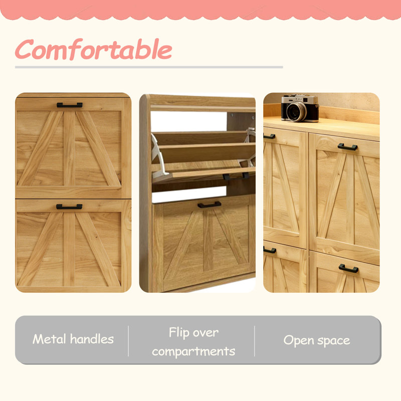 Rustic Barn-Door Shoe Cabinet With 4 Flip Drawers, Sleek Space-Saving Entryway Organizer For Living Room, Light Oak