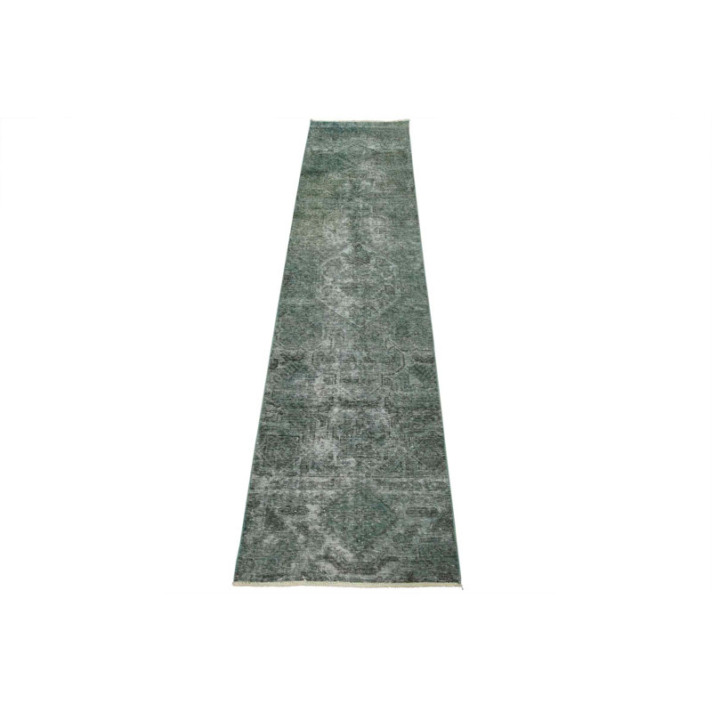 Tapis de couloir bleu surteint 76 x 290 cm, en laine, noué à la main, style vintage.