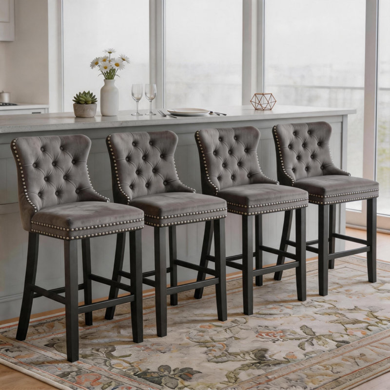 Contemporary Counter Height Velvet Bar Stools (Set of 8), Gris