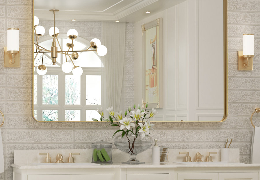 Bright Bathroom with gold frame, sconces, and chandelier