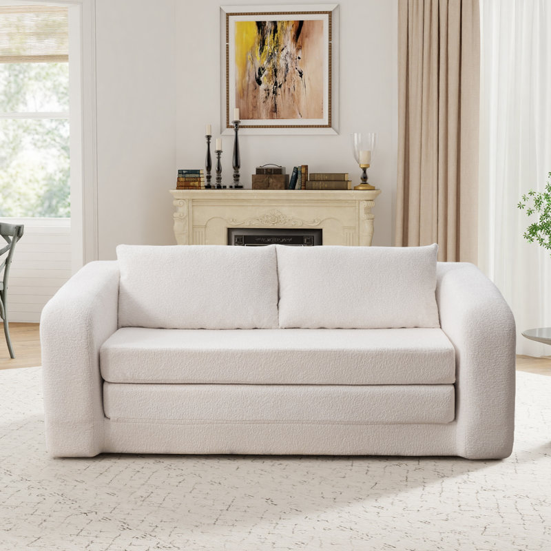 Boneless 71"W Chenille 2-In-1 Pull Out Sofa Bed,Convertible Loveseat With Pillow, Ivory