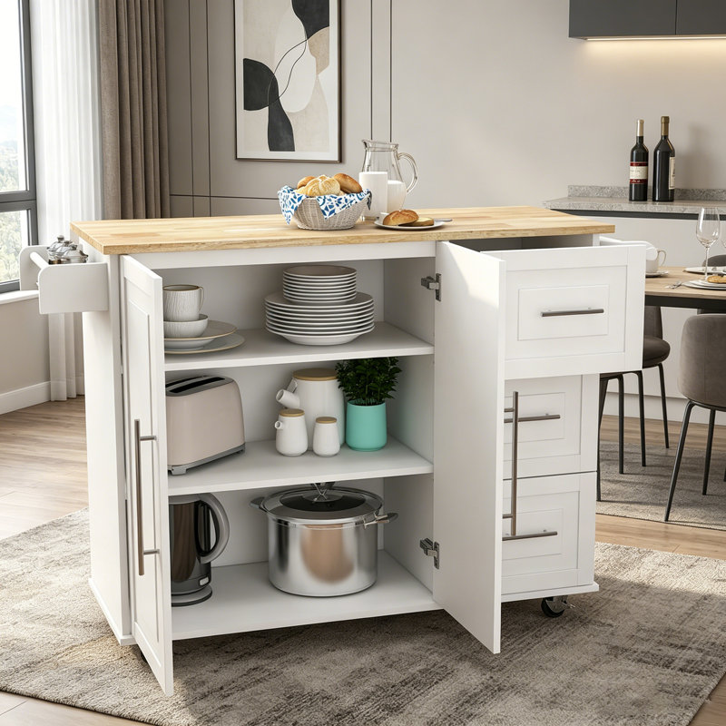 Multifunctional Kitchen Island with Extensible Table Top, Spice Rack, and Towel Holder for Enhanced Storage and Mobility