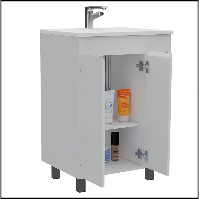 Meuble-lavabo 24 po Meka, deux tablettes extérieures, armoire à deux portes - blanc