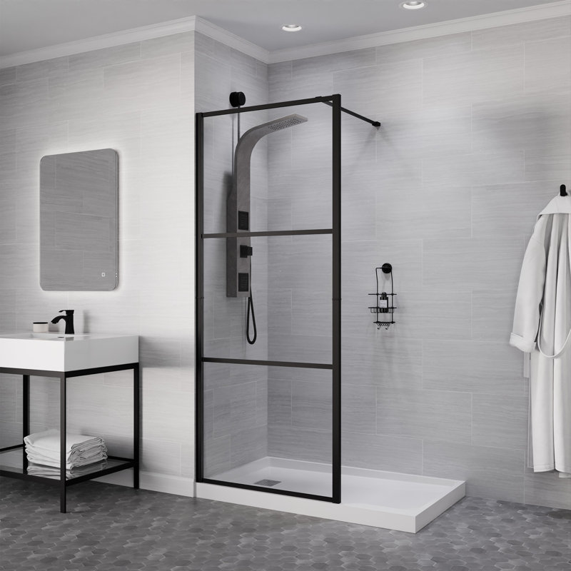 Anzzi Series 34 In. X 78 In. Fixed Frameless Shower Door With Tsunami Guard Tempered Clear Glass, Matte Black