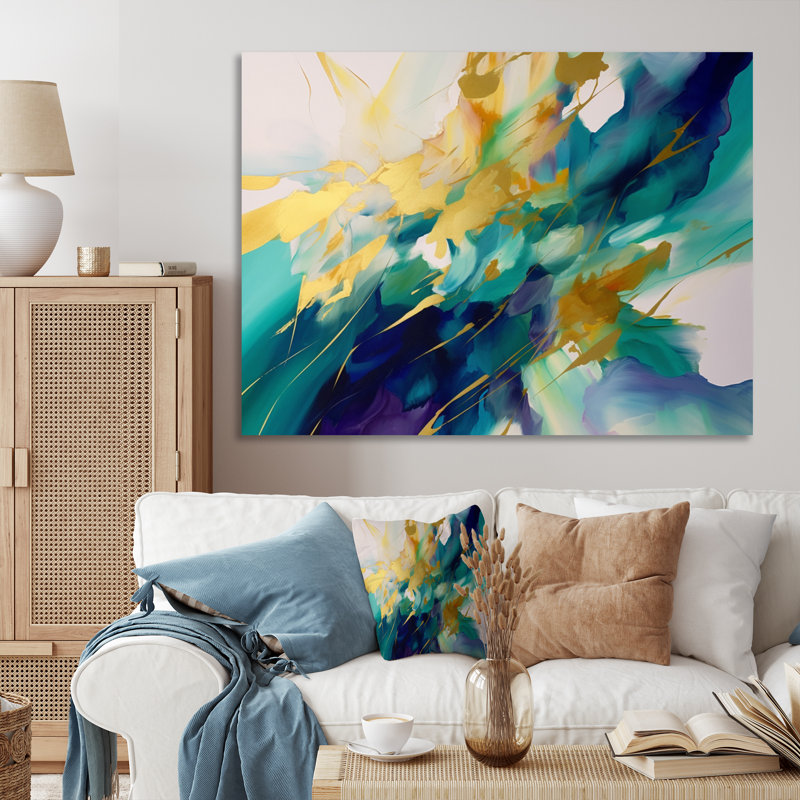 Or et turquoise, ordre complexe II sur toile, Toile tendue, H 16 po x l 32 po x P 1 po