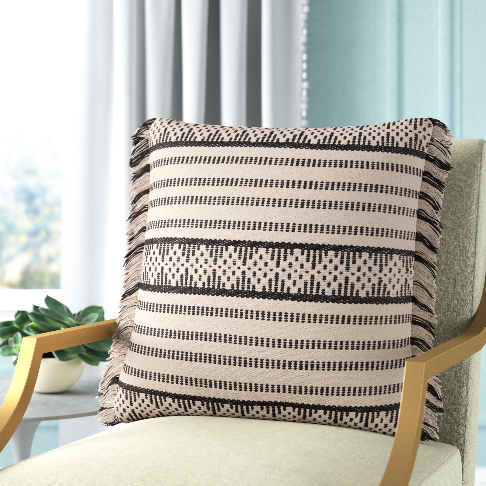 Joren Fringed Cotton Lumbar Throw Pillow, 20" x 20", Down