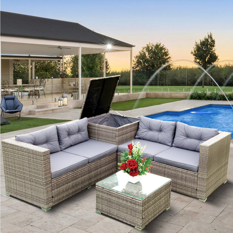 Ensemble de canapé modulaire en osier 4 pièces avec boîte de rangement et table basse 4 pièces