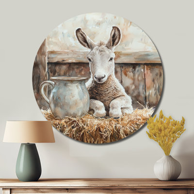 «Donkey Portrait At The Barn II» - art mural rond en forme d'âne, impression sur métal gris moderne