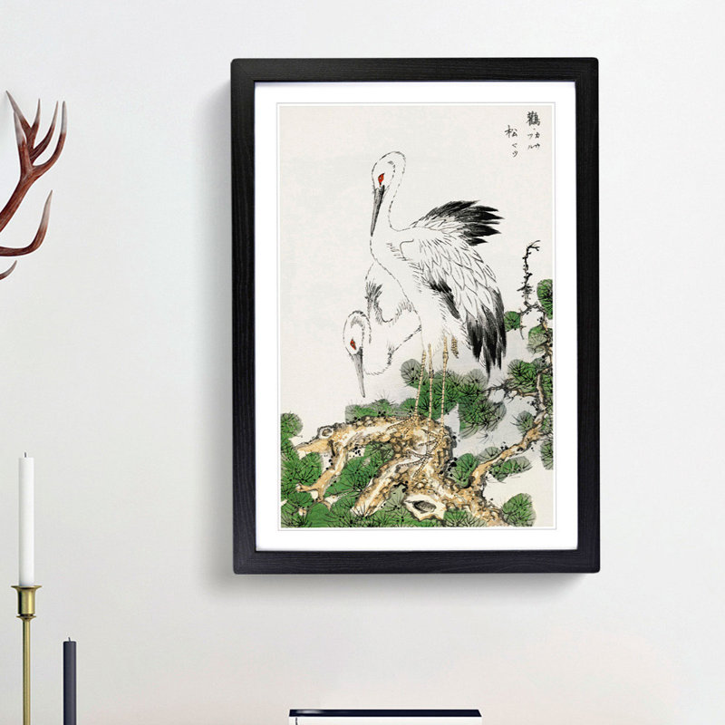 Two Japanese Storks by Numata Kashu - Picture Frame Painting Print, Black Framed, 65cm H x 48cm W x 2cm D