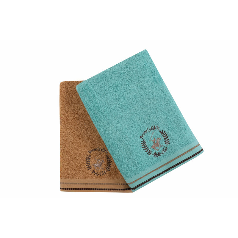 Ensemble de 2 serviettes de bain 100% coton, Caramel / bleu pétrole clair