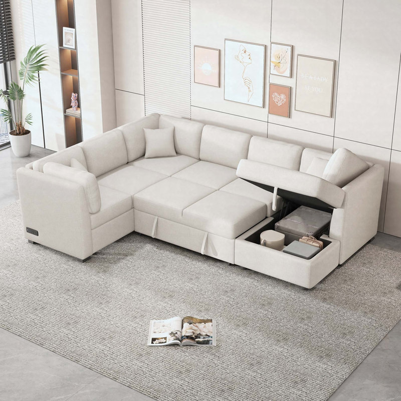 108.6" U-Shaped Sectional Sofa Bed With Storage Chaise, 3 Back Pillows, Dual USB & Power Outlets, Beige Chenille