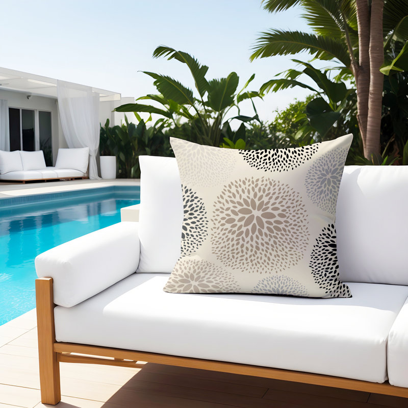 Bavaria Floral Spun Polyester Indoor/Outdoor Reversible Throw Pillow, 15"H x 15"W, Cream/Beige/Black/Grey