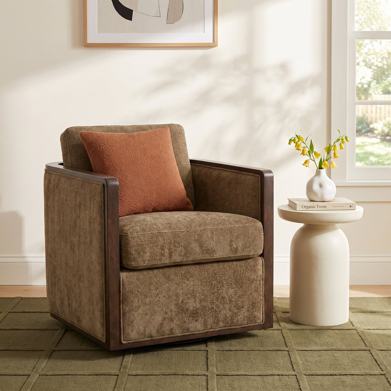 Clarisse Linen Swivel Armchair, Light Coffee