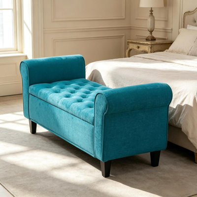 Bancs de rangement avec assise relevable, structure en bois turquoise, banc d'entrée moderne