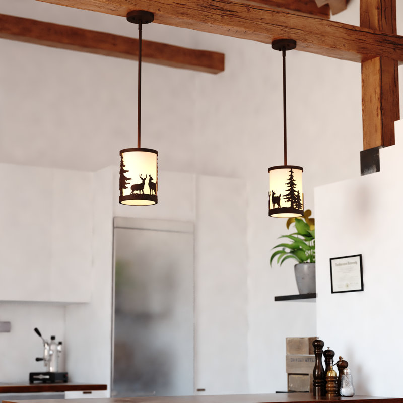 Jorene Bronze Rustic Mini Pendant Ceiling Light White Linen Shade Deer And Tree
