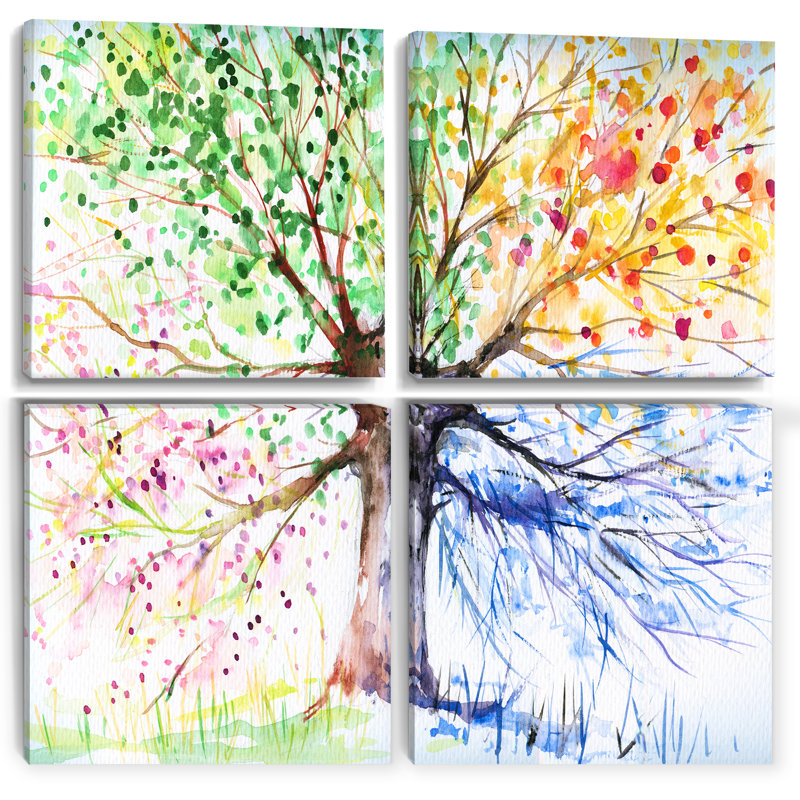 «Four Seasons Tree», ensemble de 4 reproductions d'art sur toiles florales